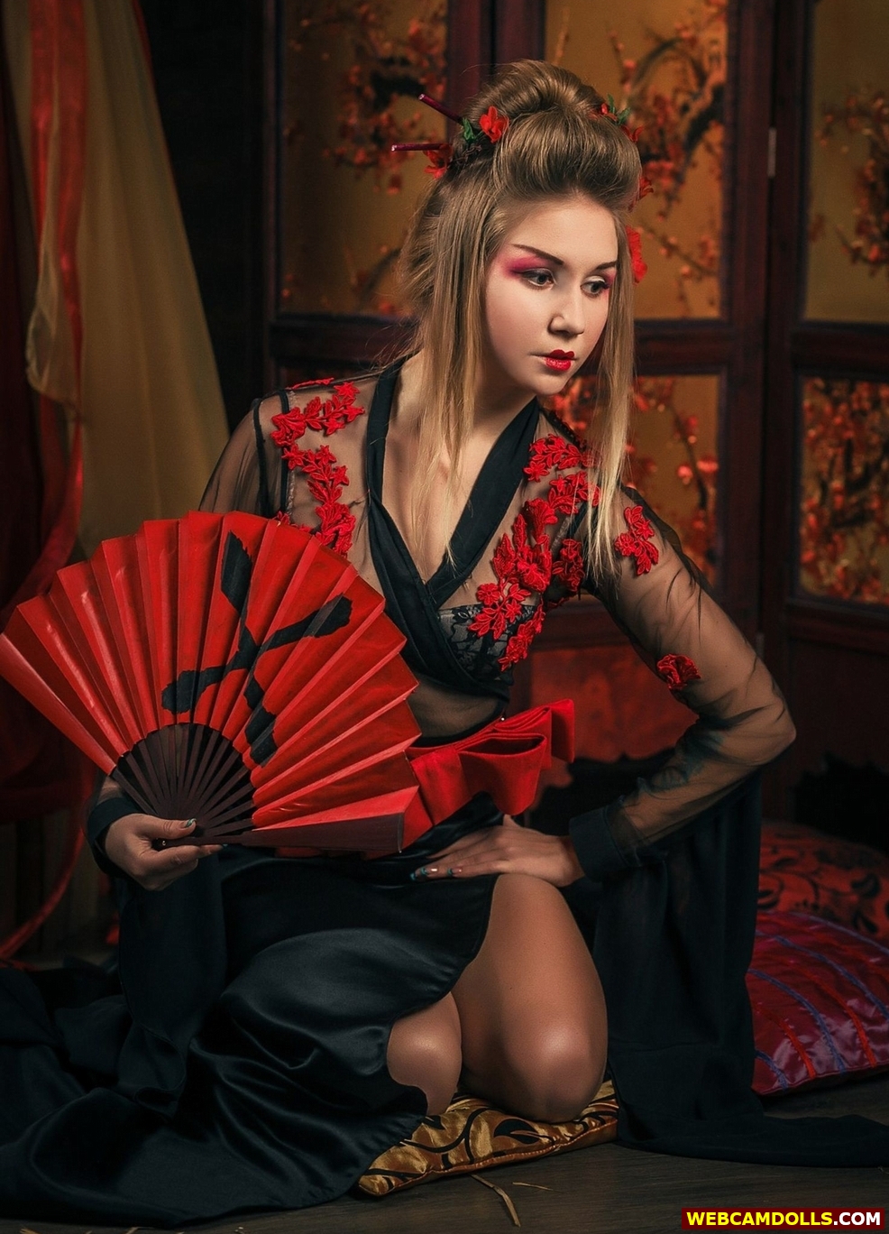 Blonde Girl in Japanese Geisha Costume and Nylon See-Through Dress on Webcamdolls